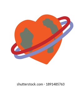 Red alien planet in the form of a heart. Isolated vector illustration. UFO.