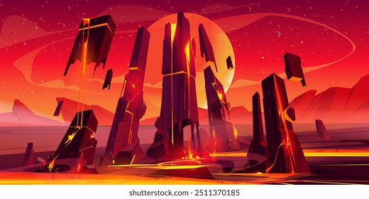 Rote außerirdische Planetenoberfläche mit Felsfelsbergen und fließender heißer orangefarbener Lava. Cartoon Vektor Fiktion kosmische Landschaft mit großen Steinen und Himmelskörper in Himmel. Äußerer Raum Spiel Ebene Hintergrund.