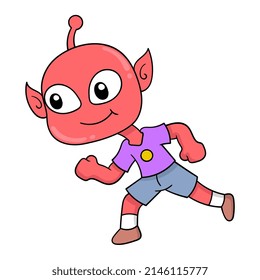 Red Alien Is Running After, Vector Illustration Art. Doodle Icon Image Kawaii.