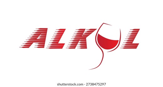 Red Alkol typography with dynamic motion streak effect and integrated wine glass icon on white background. Modern bold lettering design representing beverage theme, speed and visual energy.