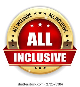 Red all inclusive badge with gold border on white background