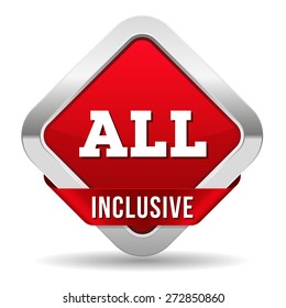 Red all inclusive button with ribbon on white background