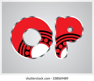 Red alphabet design in black and  white dots on a Grey background
