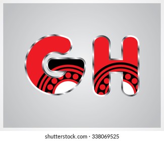 Red alphabet design in black and  white dots on a Grey background