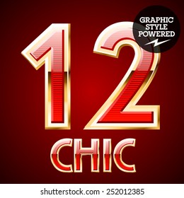 Red alphabet with golden border. Numbers 1 2