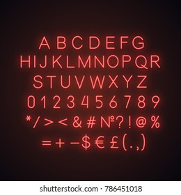 Red alphabet, numbers and math signs neon light icon. ABC glowing symbols. Letters. Vector isolated illustration