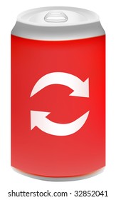 Red aluminium can with recycling symbol