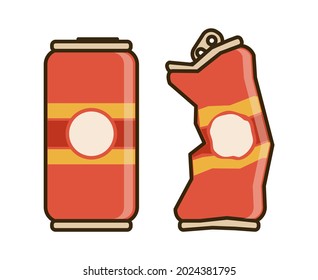 Red aluminum beverage can. Crumpled drink can. Vector illustration.