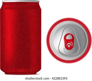 Red aluminum can, front view, top view; isolated on white. Vector realistic illustration