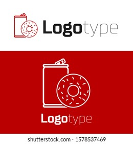 Red Aluminum can soda and donut icon isolated on white background. Fast food symbol. Logo design template element. Vector Illustration