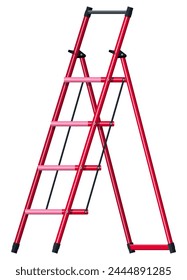 Red aluminum step folding ladder. Hand bar and standing platform stool. Isolated on white background. Stepladder working equipment. Vector illustration in flat style