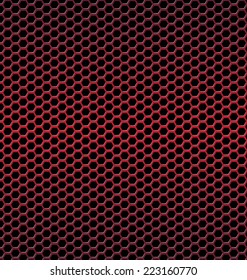Red aluminum Technology background with black hexagon perforated carbon speaker grill texture vector illustration