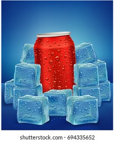 red Aluminum Tin Cans in ice cubes with many water drops
