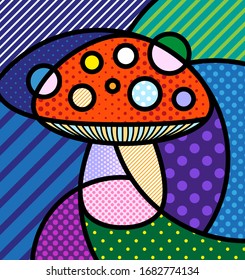 Red Amanita muscaria mushroom Modern colourful pop art graphic element for your design. Vector artistic illustration in pop-art comic style.