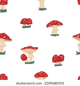 Setas rojas de amanita sin patrón abstracto. Fondo de la temporada de colección de setas venenosas de otoño. Ilustración vectorial