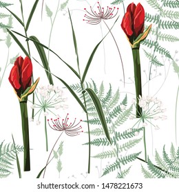 Red amarilis lilies bud flowers with herbs bouquet seamless pattern. Watercolor style Illustration. White background. Trendy spring flower wallpaper or fabric.