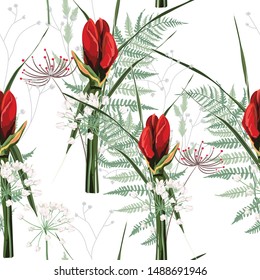 Red amarilis lilies bud flowers with herbs bouquet seamless pattern. Watercolor style Illustration. White background. 