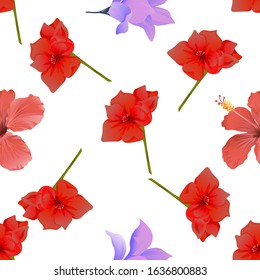 Red Amaryllis. Red Hibiscus. Purple Magnolia. Vector illustration. Seamless background pattern. Floral botanical flower. Wild leaf wildflower isolated. Exotic tropical hawaiian jungle. Fabric.