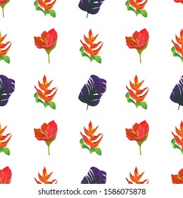 Red Amaryllis. Orange Heliconia. Purple Banana Leaf. Vector illustration. Seamless background pattern. Floral botanical flower. Wild leaf wildflower isolated. Exotic tropical hawaiian jungle. Fabric.