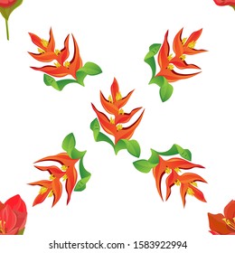 Red Amaryllis. Orange Heliconia. Vector illustration. Seamless background pattern. Floral botanical flower. Wild leaf wildflower isolated. Exotic tropical hawaiian jungle. Fabric wallpaper print.