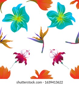Red Amaryllis. Orange Strelitzia. Green Plumeria. Red Fuchsia. Vector illustration. Seamless background pattern. Floral botanical flower. Wild leaf wildflower isolated. Exotic tropical hawaiian.