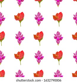 Red Amaryllis. Pink Ginger. Vector illustration. Seamless background pattern. Floral botanical flower. Wild leaf wildflower isolated. Exotic tropical hawaiian jungle. Fabric wallpaper print texture.