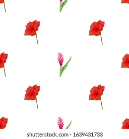 Red Amaryllis. Red and Pink Ginger. Vector illustration. Seamless background pattern. Floral botanical flower. Wild leaf wildflower isolated. Exotic tropical hawaiian jungle. Fabric wallpaper print.
