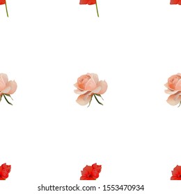 Red Amaryllis. Pink Rose. Vector illustration. Seamless background pattern. Floral botanical flower. Wild leaf wildflower isolated. Exotic tropical hawaiian jungle. Fabric wallpaper print texture.