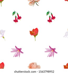 Red Amaryllis. Pink Rose. White Hibiscus. Red Angel Trumpet. Purple Hatiora. Vector illustration. Seamless background pattern. Floral botanical flower. Wild leaf wildflower isolated. Exotic tropical.