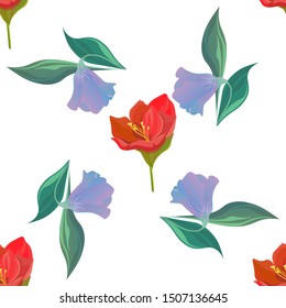 Red Amaryllis. Purple Bllflower. Vector illustration. Seamless background pattern. Floral botanical flower. Wild leaf wildflower isolated. Exotic tropical hawaiian jungle. Fabric wallpaper print.