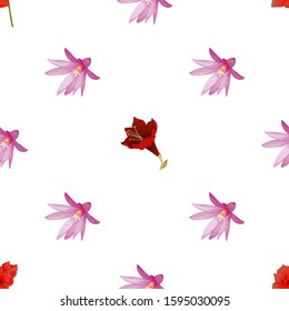 Red Amaryllis. Purple Hatiora. Purple Amaryllis. Vector illustration. Seamless background pattern. Floral botanical flower. Wild leaf wildflower isolated. Exotic tropical hawaiian jungle. Fabric.
