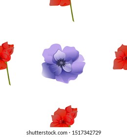 Red Amaryllis. Violet Anemone. Vector illustration. Seamless background pattern. Floral botanical flower. Wild leaf wildflower isolated. Exotic tropical hawaiian jungle. Fabric wallpaper print.