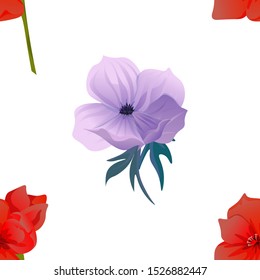 Red Amaryllis. Violet Anemone. Vector illustration. Seamless background pattern. Floral botanical flower. Wild leaf wildflower isolated. Exotic tropical hawaiian jungle. Fabric wallpaper print.