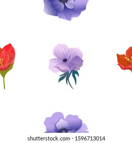 Red Amaryllis. Violet Anemone. Vector illustration. Seamless background pattern. Floral botanical flower. Wild leaf wildflower isolated. Exotic tropical hawaiian jungle. Fabric wallpaper print.