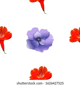Red Amaryllis. Violet Anemone. Vector illustration. Seamless background pattern. Floral botanical flower. Wild leaf wildflower isolated. Exotic tropical hawaiian jungle. Fabric wallpaper print.