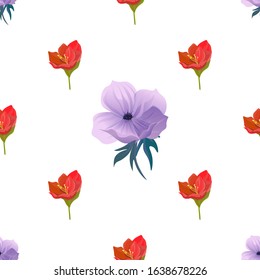 Red Amaryllis. Violet Anemone. Vector illustration. Seamless background pattern. Floral botanical flower. Wild leaf wildflower isolated. Exotic tropical hawaiian jungle. Fabric wallpaper print.