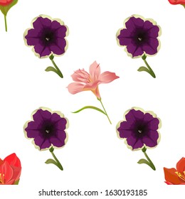 Red Amaryllis. Violet Petunia. Pink Amaryllis. Vector illustration. Seamless background pattern. Floral botanical flower. Wild leaf wildflower isolated. Exotic tropical hawaiian jungle. Fabric.