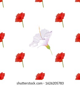 Red Amaryllis. White Hibiscus. Vector illustration. Seamless background pattern. Floral botanical flower. Wild leaf wildflower isolated. Exotic tropical hawaiian jungle. Fabric wallpaper print.