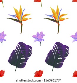 Red Amaryllis. Yellow bird of paradise Strelitzia. Purple Banana Leaf. Purple Magnolia. Vector illustration. Seamless background pattern. Floral botanical flower. Wild leaf wildflower isolated.