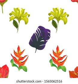 Red Amaryllis. Yellow Lilium. Orange Heliconia. Purple Banana Leaf. Vector illustration. Seamless background pattern. Floral botanical flower. Wild leaf wildflower isolated. Exotic tropical hawaiian.