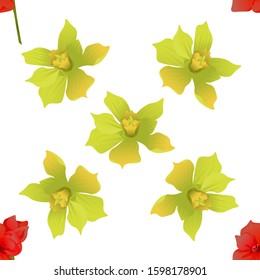Red Amaryllis. Yellow Orchid. Vector illustration. Seamless background pattern. Floral botanical flower. Wild leaf wildflower isolated. Exotic tropical hawaiian jungle. Fabric wallpaper print texture.