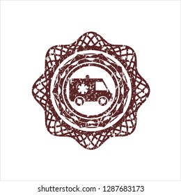 Red ambulance icon inside distressed with rubber seal texture