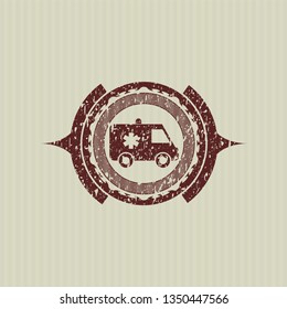 Red ambulance icon inside rubber grunge seal