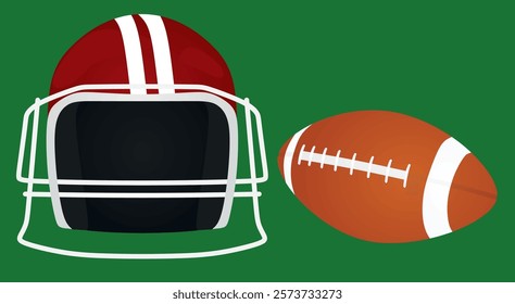 Red American football helmet and ball, vector