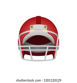 Red American football helmet icon. Front view. Sport equipment logo. Vector illustration isolated on white background.