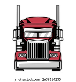Red American semi truck 18 wheeler from front view vector isolated on white background