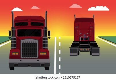 red american truck front and back view with sunset nature scene 