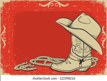 Red American western background with cowboy boot and hat