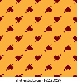 Red Amour symbol with heart and arrow icon isolated seamless pattern on brown background. Love sign. Valentines symbol.  Vector Illustration