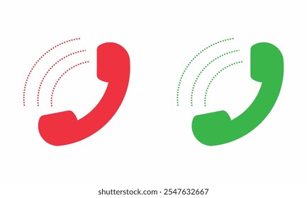 Icono de llamada rojo ana verde, receptor de teléfono, iconos de llamada. Símbolos de marcación telefónica. Respuesta y declinación. Verde y Rojo. Sí y No, Ilustración vectorial.
